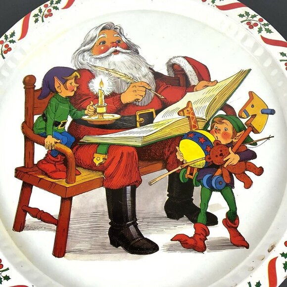Vintage Santa Claus Elves Christmas Metal Tray Holly Candy Cane Border Hong Kong - Picture 2 of 5